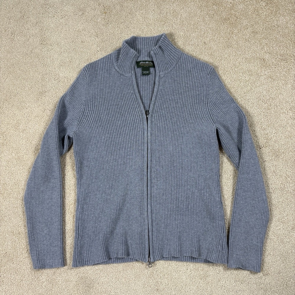 Eddie Bauer Womens Grey Ribbed Pima Cotton Full Zip Sweater Mock Neck Large
